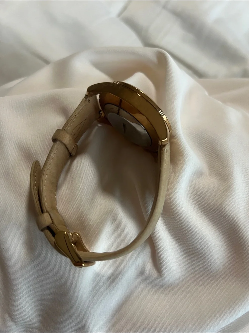 Fossil Rose Gold Case Beige Leather Strap Watch with Crystal Accents
